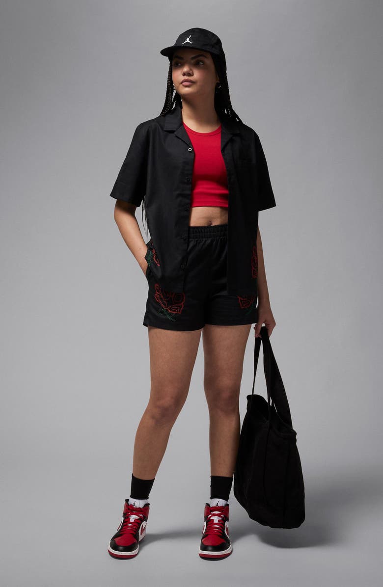Jordan Rose Embroidered Cotton Shorts, Alternate, color, Black