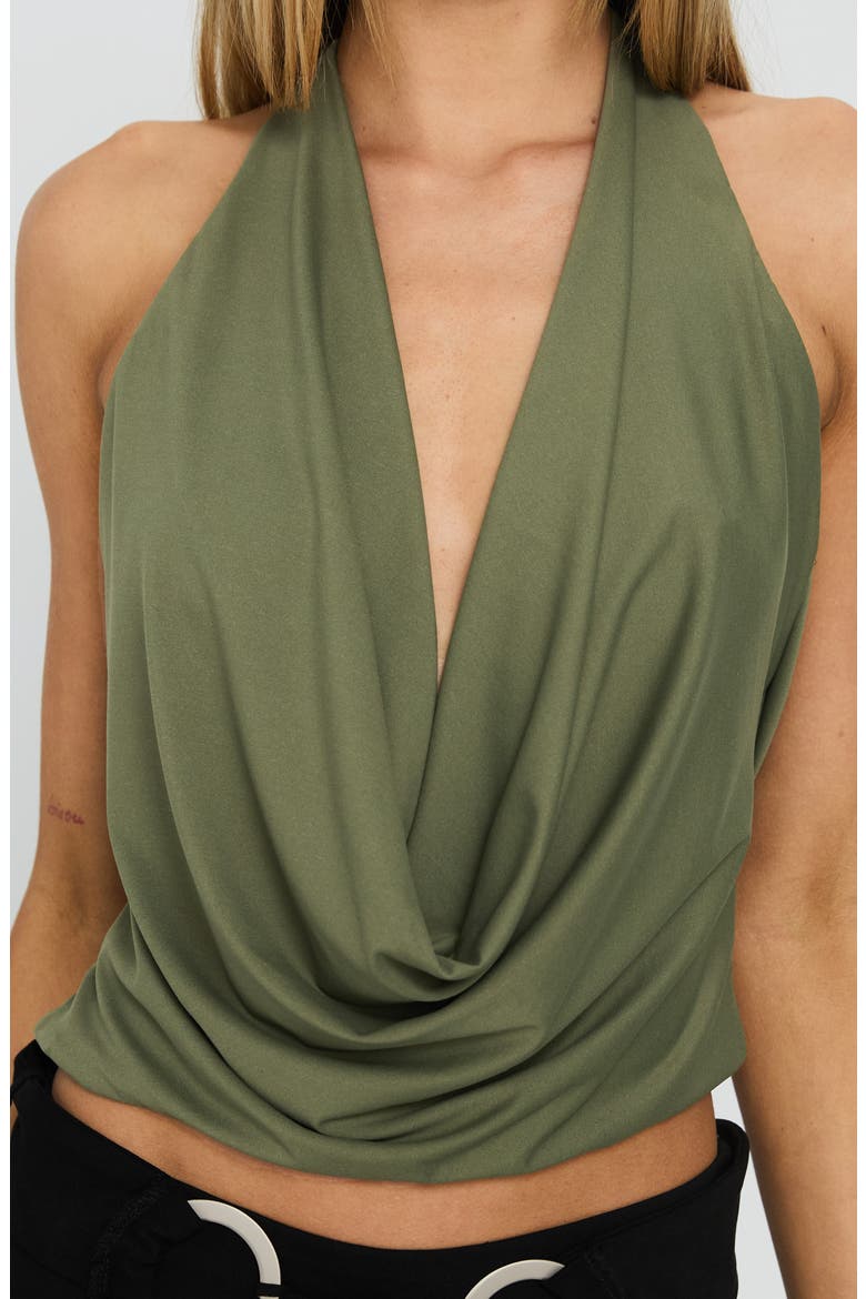 Carefree Days Plunge Cowl Neck Halter Top, Alternate, color, KHAKI