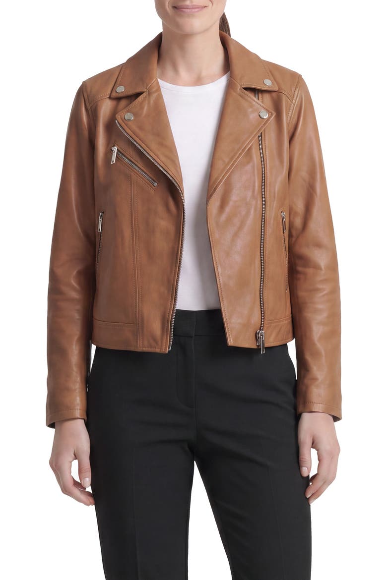 Asymmetrical Leather Moto Jacket, Alternate, color, COGNAC