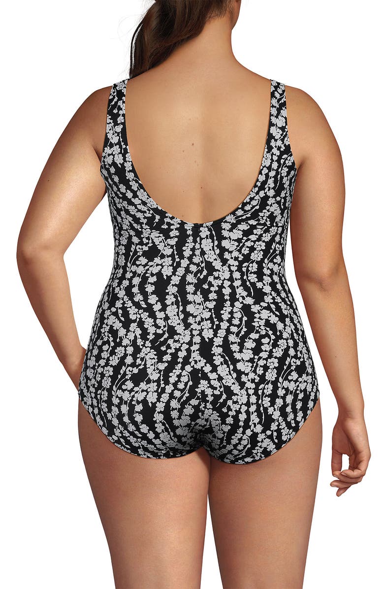 Lands' End Plus Size Mastectomy Chlorine Resistant Tugless One Piece Swimsuit Soft Cup, Alternate, color, Black/White Vine Floral