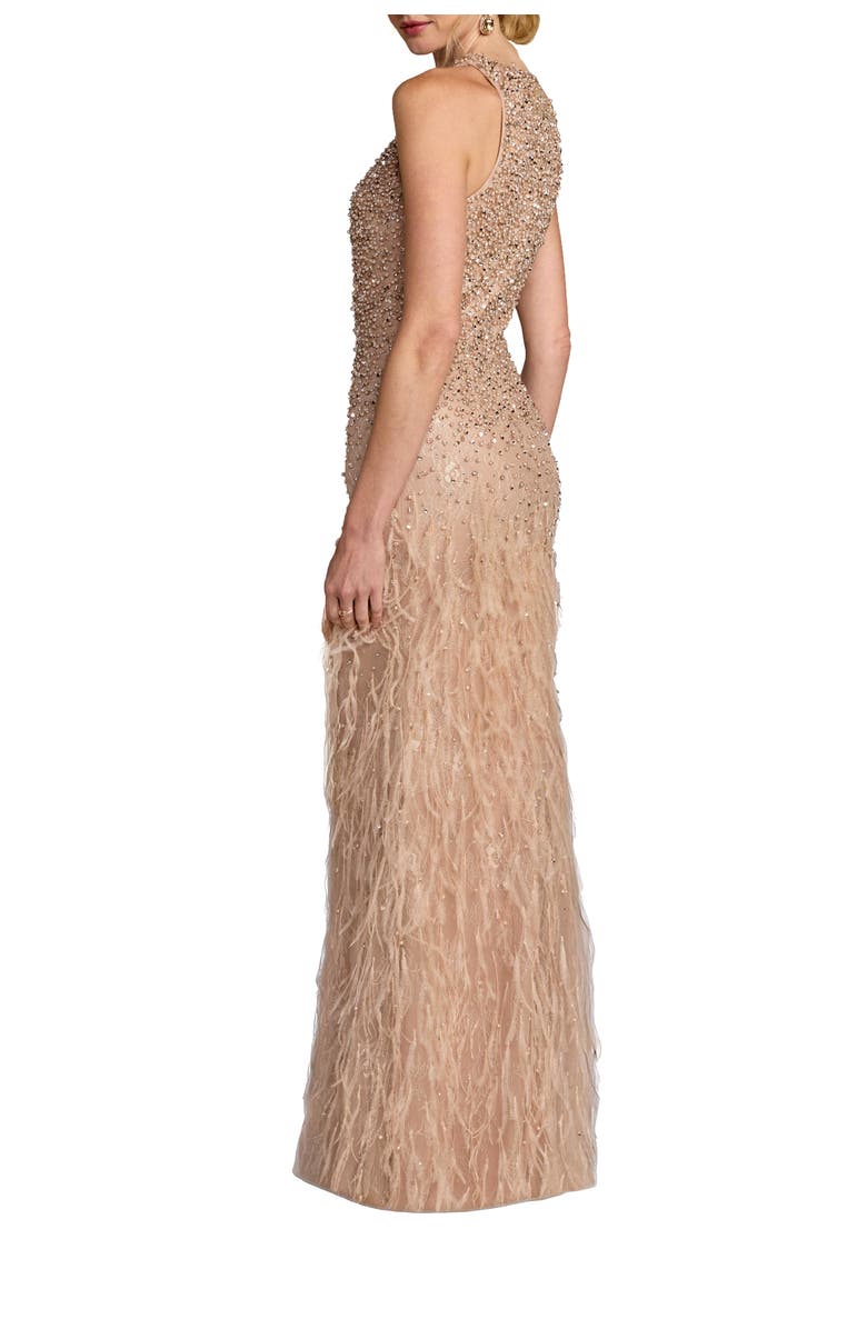 Mac Duggal Embellished Lace Sleeveless Feather Gown, Alternate, color, Porcelain
