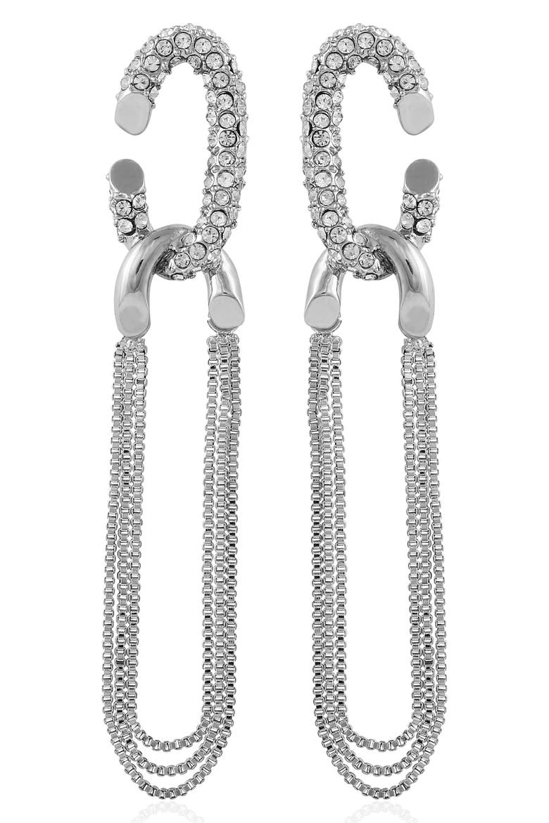 Pavé Crystal Drop Hoop Earrings, Main, color, SILVERTONED