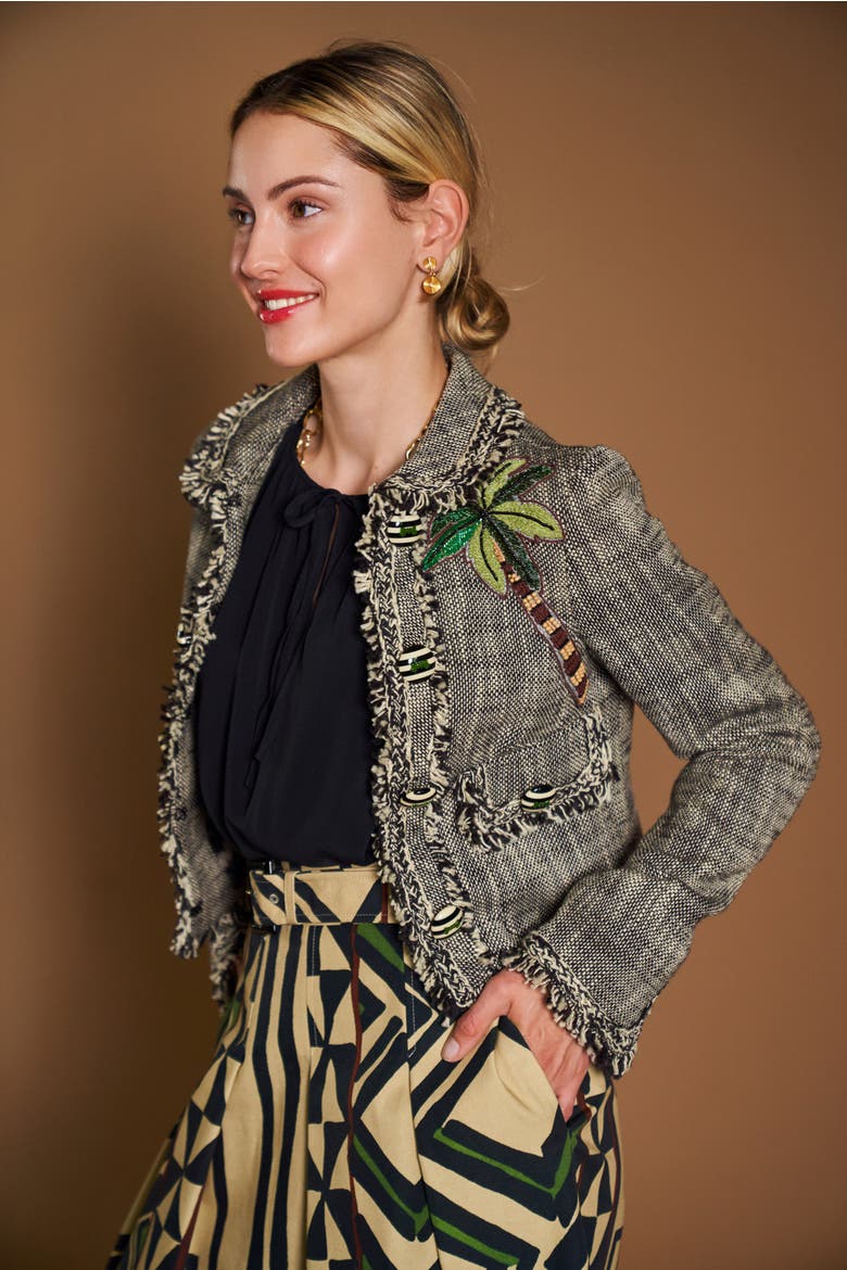Cotton Jacket With Palm Embroidery And Fringes, Alternate, color, Black / Sand