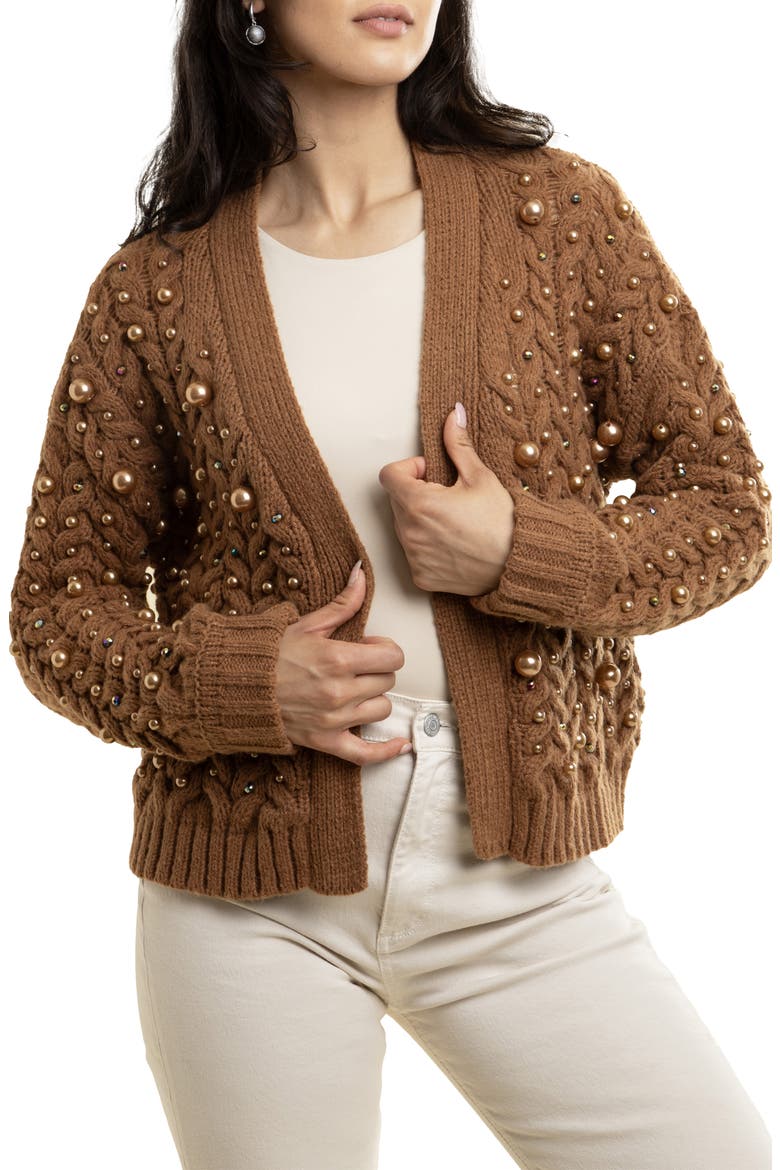 Faux Pearl Knit Cardigan, Main, color, BROWN