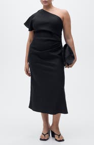 MANGO One-Shoulder Linen Midi Dress
