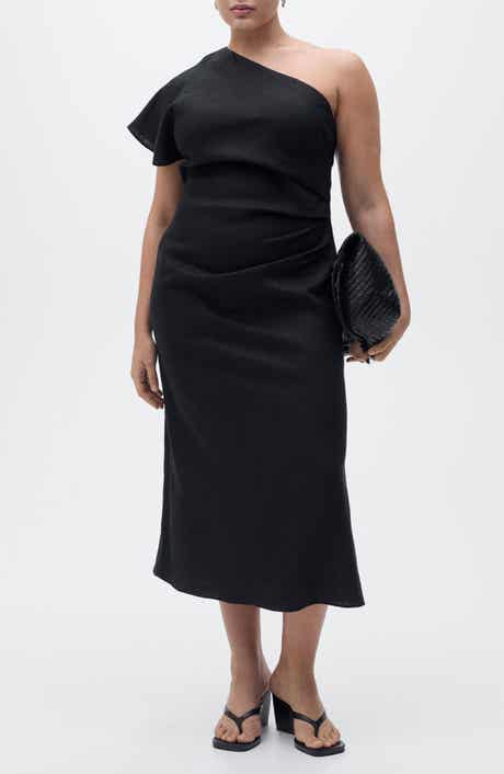 MANGO One-Shoulder Linen Midi Dress