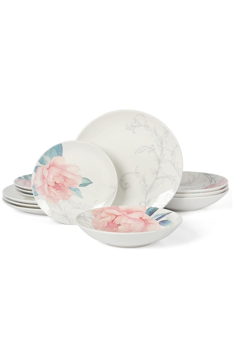 Peony 12 piece Round Fine Ceramic Dinnerware Set, Main, color, White and Pink