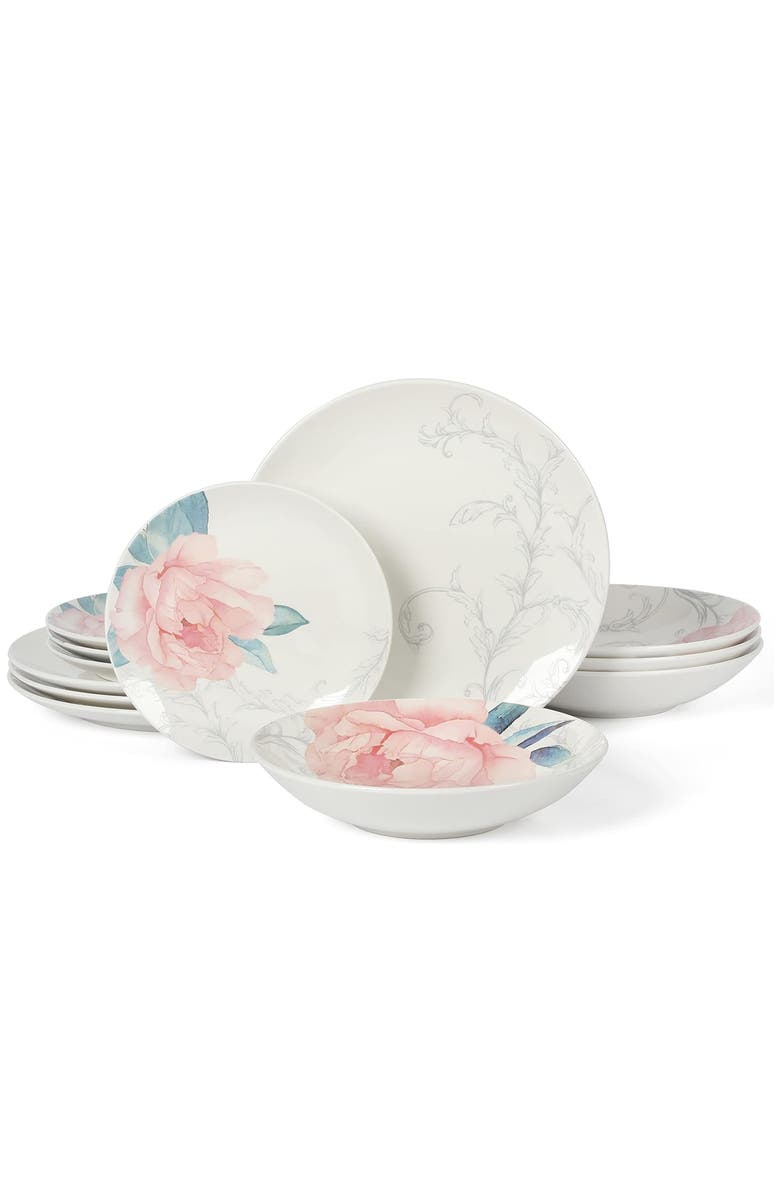 MARTHA STEWART Peony 12 piece Round Fine Ceramic Dinnerware Set, Main, color, White And Pink