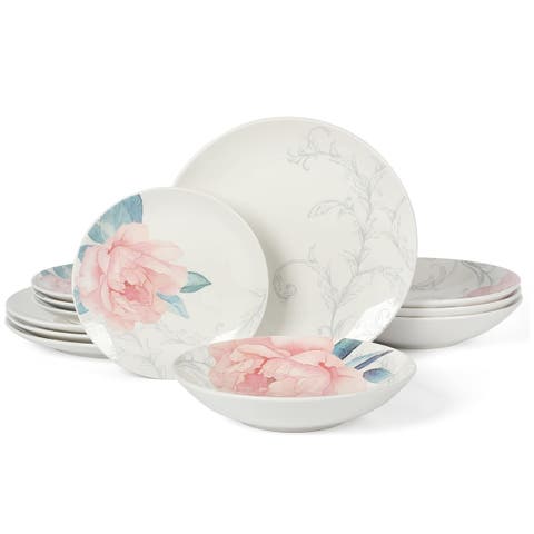 Peony 12 piece Round Fine Ceramic Dinnerware Set