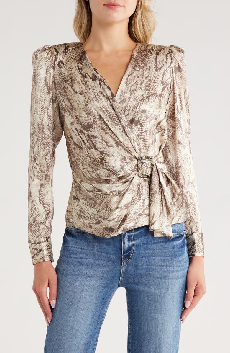 L'AGENCE Bensen Long Sleeve Silk Blend Faux Wrap Top, Main, color, 
