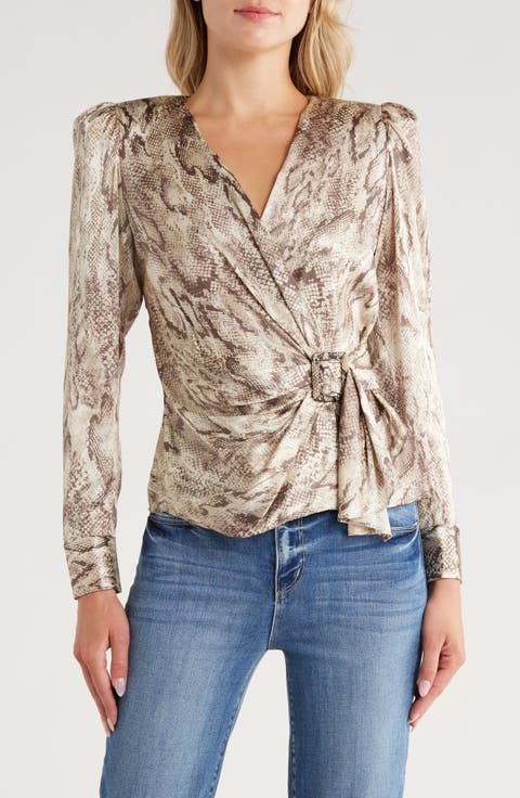 Bensen Long Sleeve Silk Blend Faux Wrap Top