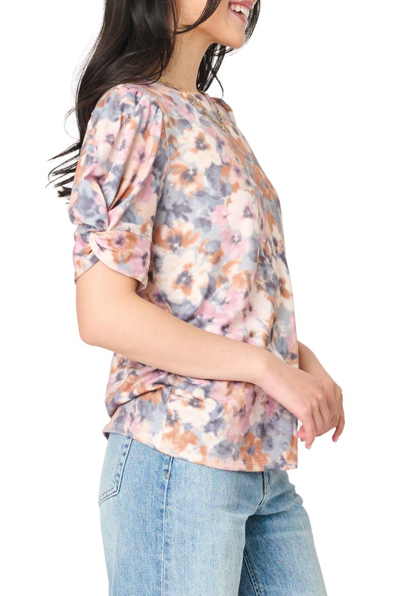 Twist Sleeve Sweater Knit Tee, Alternate, color, NATURAL BLUES FLORAL