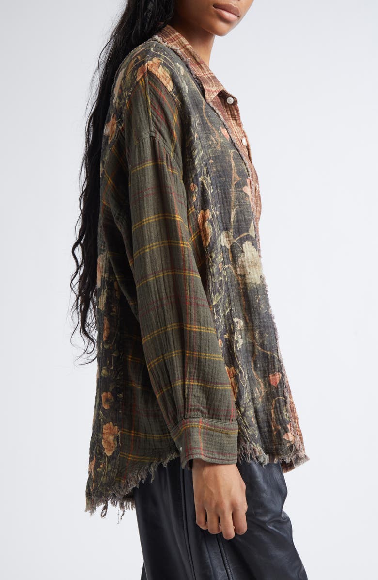 R13 Shredded Seam Drop Neck Plaid Flannel Button-Up Shirt, Alternate, color, Multi-Print Brown