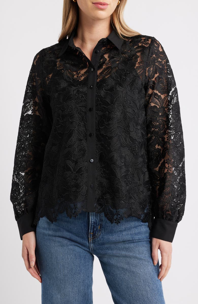 Caslon<sup>®</sup> Long Sleeve Lace Button Up Shirt, Main, color, Black