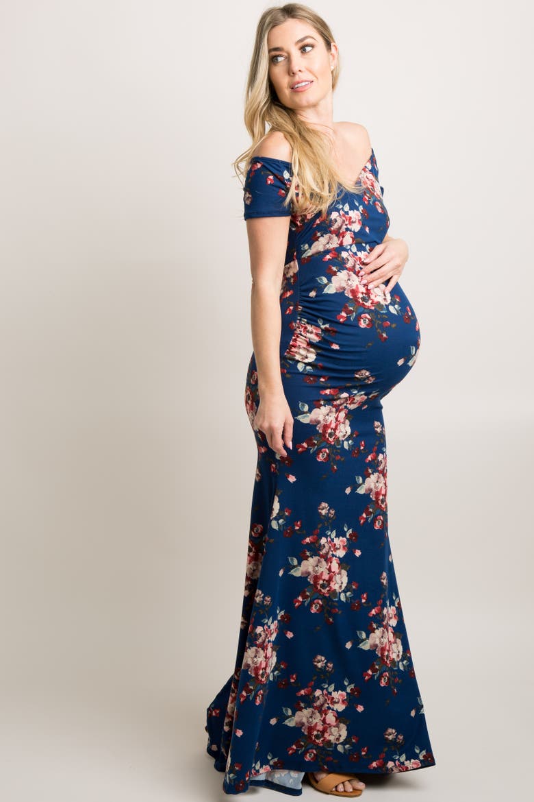 Floral Off Shoulder Wrap Maternity Photoshoot Gown/Dress, Alternate, color, Navy Blue