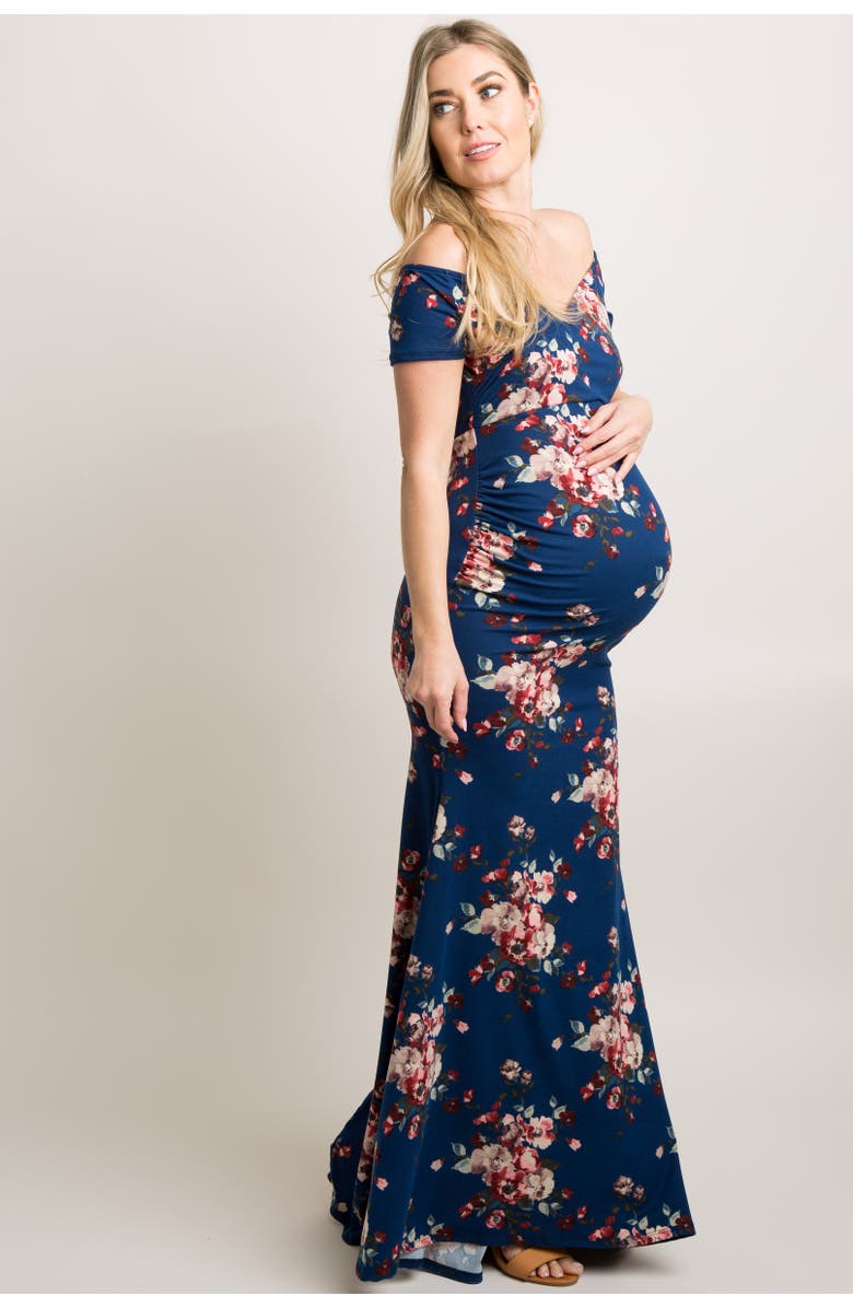 PinkBlush Floral Off Shoulder Wrap Maternity Photoshoot Gown/Dress, Alternate, color, Navy Blue