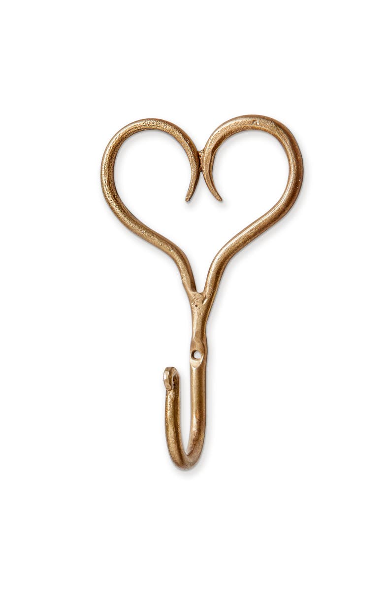 tag Heart Wall Hook Antique Brass Iron Everyday, Main, color, Gold