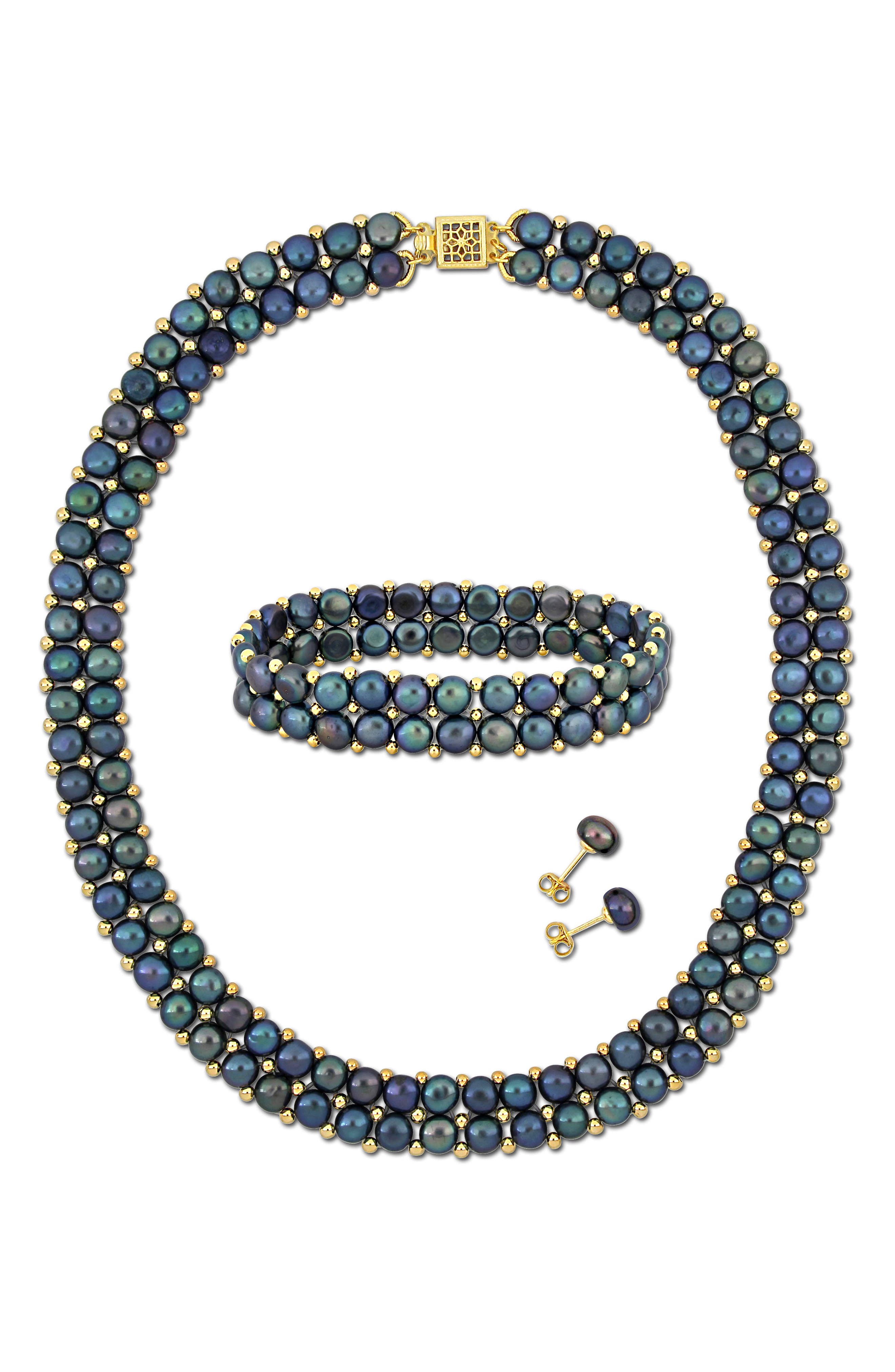 DELMAR Set of 3 Cultured Freshwater Pearl Stud Earrings, Bracelet & Necklace