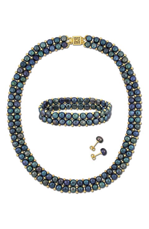 Set of 3 Cultured Freshwater Pearl Stud Earrings, Bracelet & Necklace