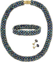 DELMAR Set of 3 Cultured Freshwater Pearl Stud Earrings, Bracelet & Necklace