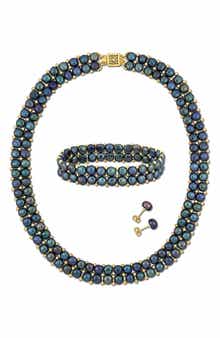 DELMAR Set of 3 Cultured Freshwater Pearl Stud Earrings, Bracelet & Necklace