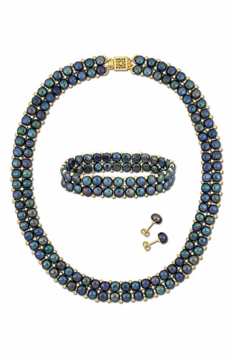 DELMAR Set of 3 Cultured Freshwater Pearl Stud Earrings, Bracelet & Necklace