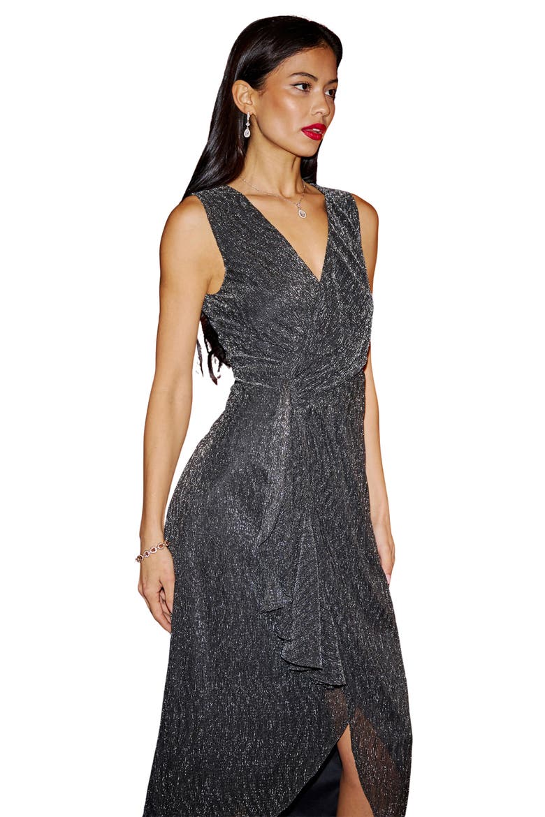 Metallic Pleated Frill Wrap Midi Dress, Alternate, color, Black