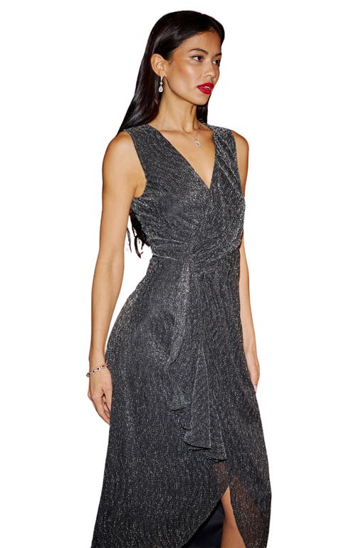 Yumi Metallic Pleated Frill Wrap Midi Dress In Black