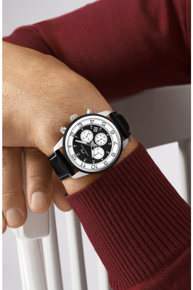 Men's Arthur Chronograph Leather Strap Watch, 44mm, Alternate, color, SILVER/BLACK