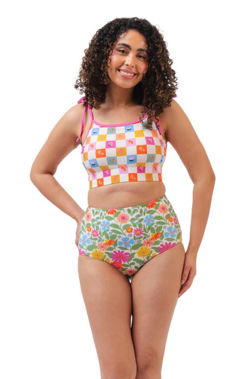 Shop Lime Ricki Swimwear Shoulder-tie Crop Top In Flower Check