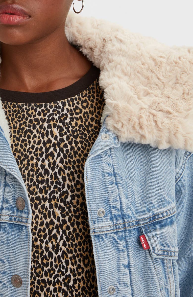 Levi's<sup>®</sup> Oversize Faux Fur Collar Denim Trucker Jacket, Alternate, color, 