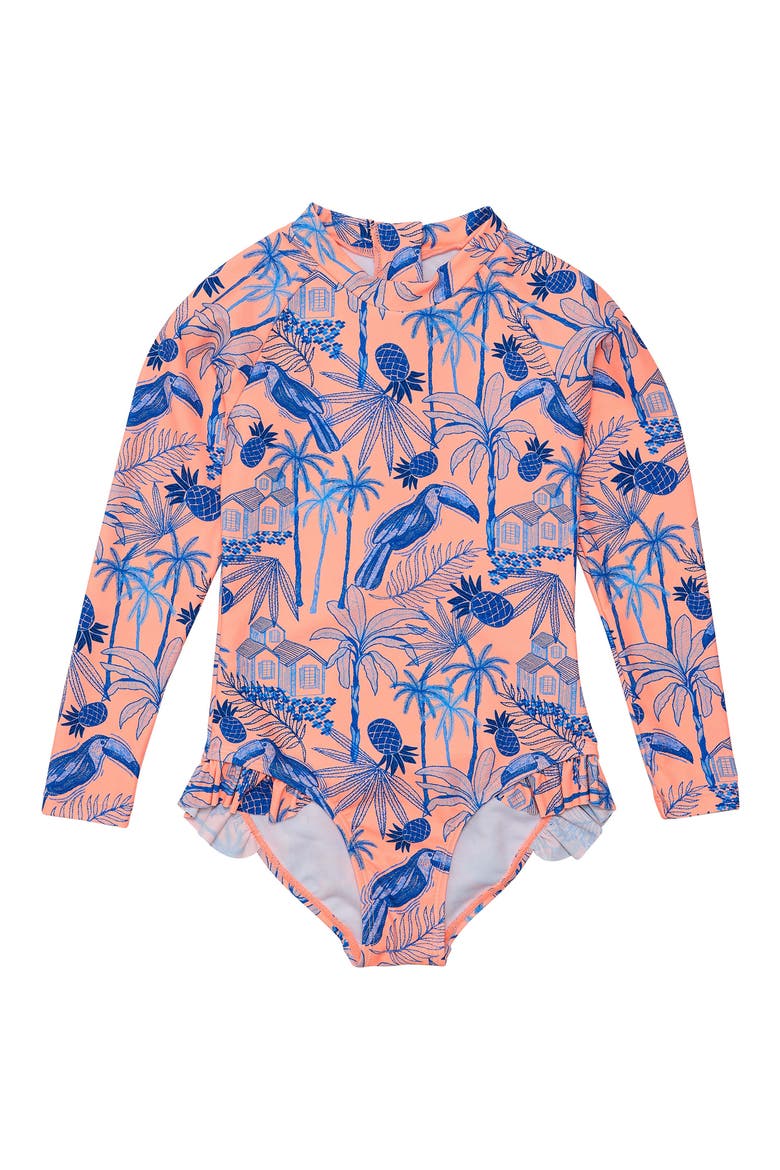 Kids' Tropicana Vacay Long Sleeve One-Piece Rasguard Swimsuit, Main, color, ORANGE / BLUE