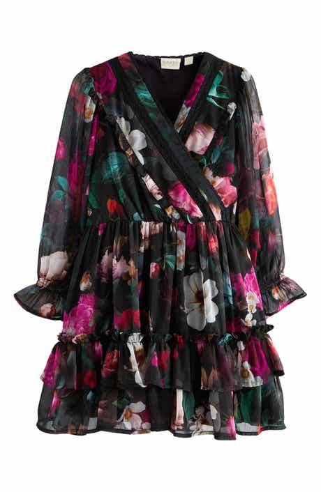 Kids' Floral Print Long Sleeve Chiffon Dress