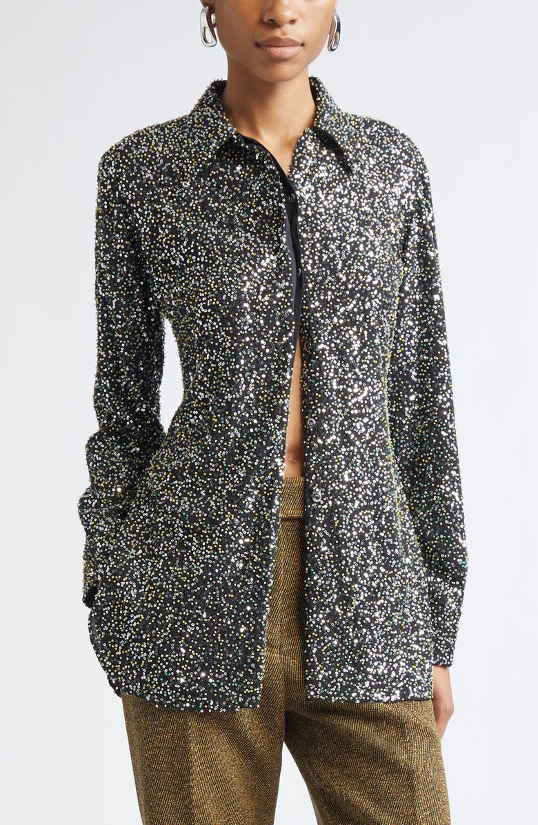 Rabanne Embellished Crepe Button-Down Shirt, Main, color, Black