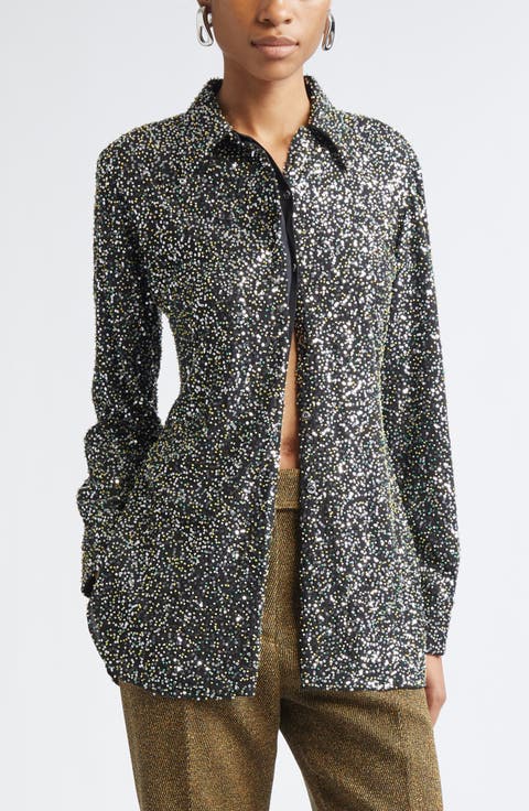 Embellished Crepe Button-Down Shirt