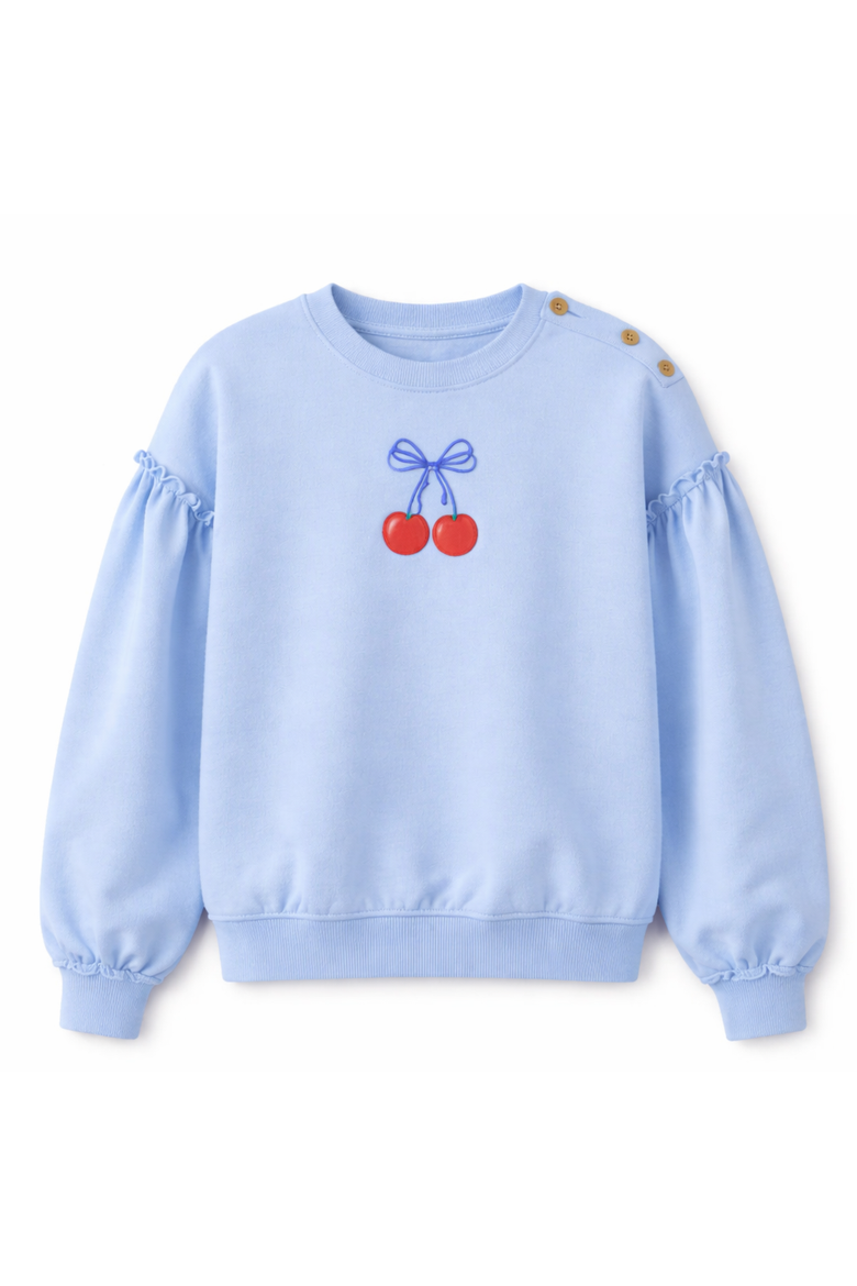 Girl Cherry Graphic French Terry Ribbed Sweatshirt, Main, color, Stone Blue
