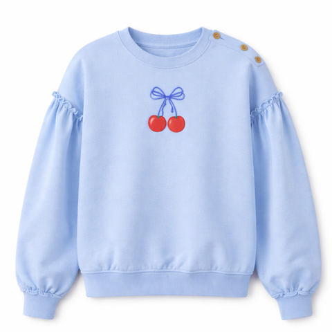 Girls Cherry Print French Terry Sweatshirt - Stone Blue