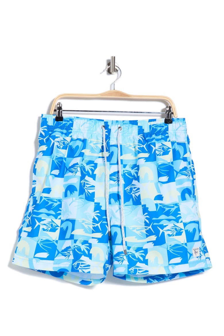 Fish Print Volley Swim Trunks, Main, color, BLUE