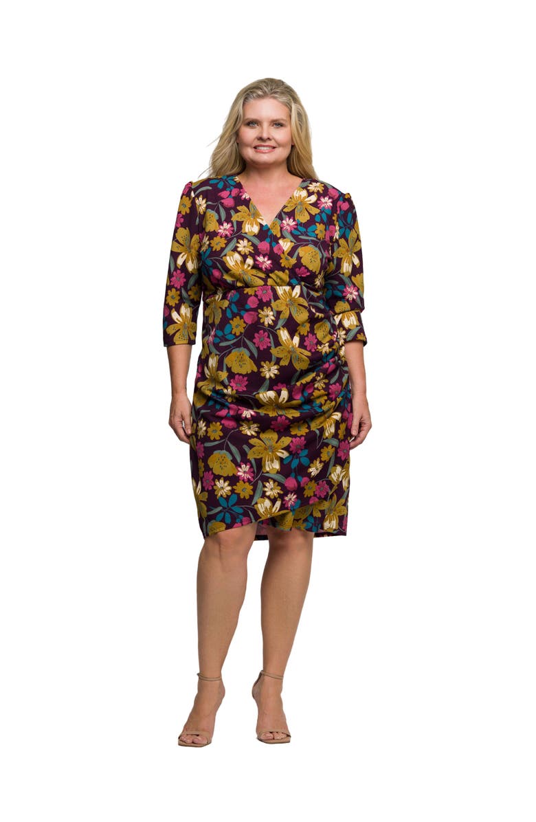 24seven Comfort Apparel Floral Print Faux Wrap Dress, Main, color, Purple Multi