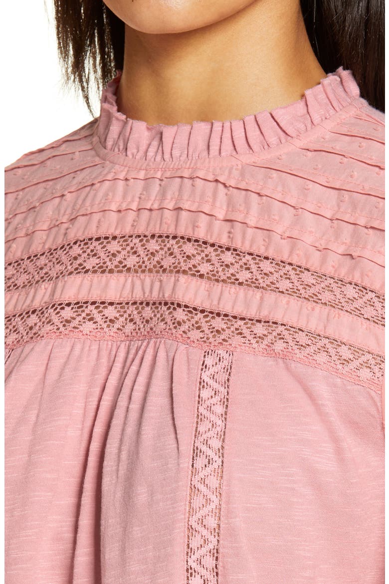 Pintuck Lace Detail Long Sleeve Cotton Blouse, Alternate, color, PINK BRIDE