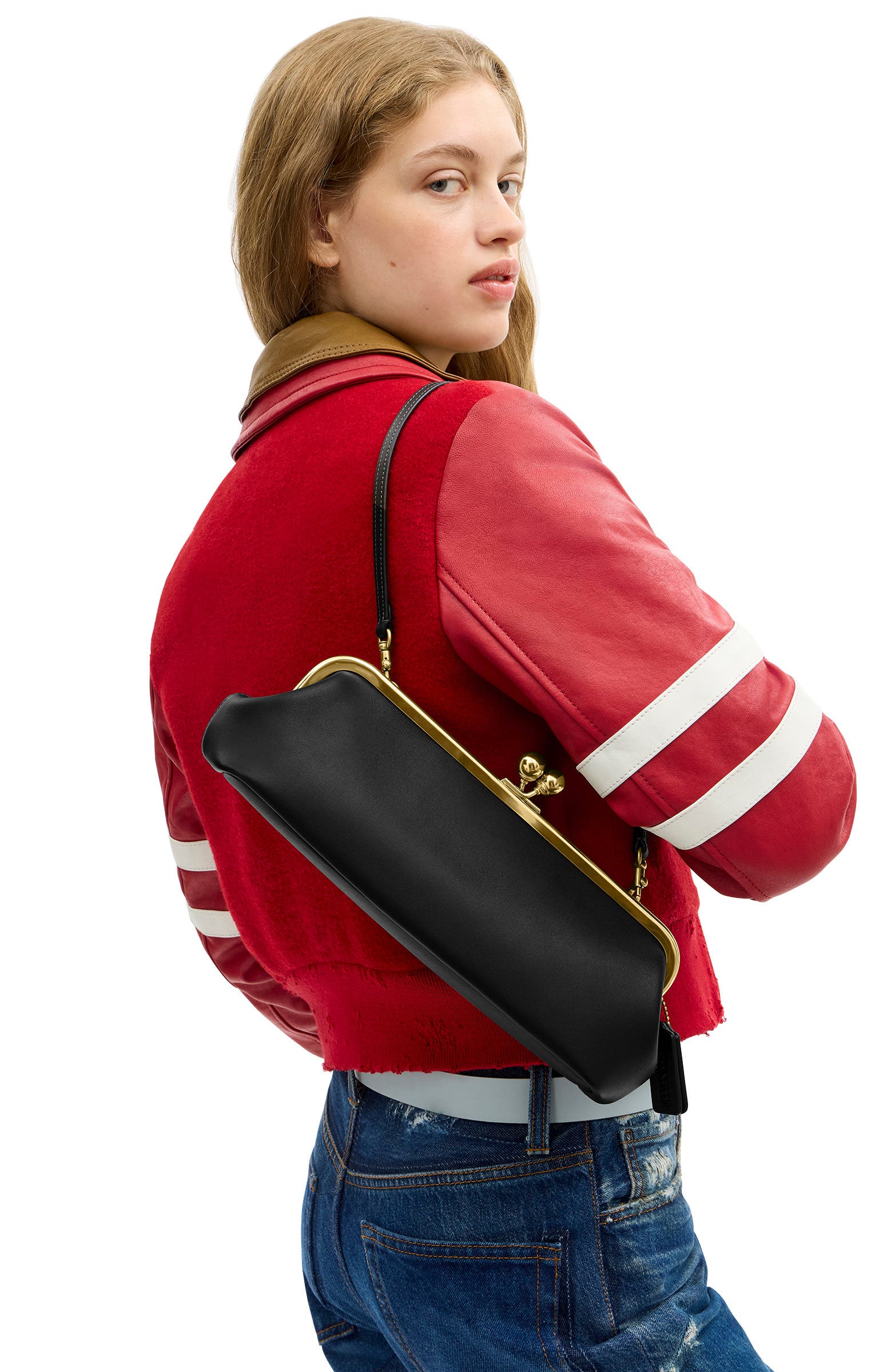 Kisslock Glovetanned Leather Frame Clutch, Alternate, color, B4/ BLACK
