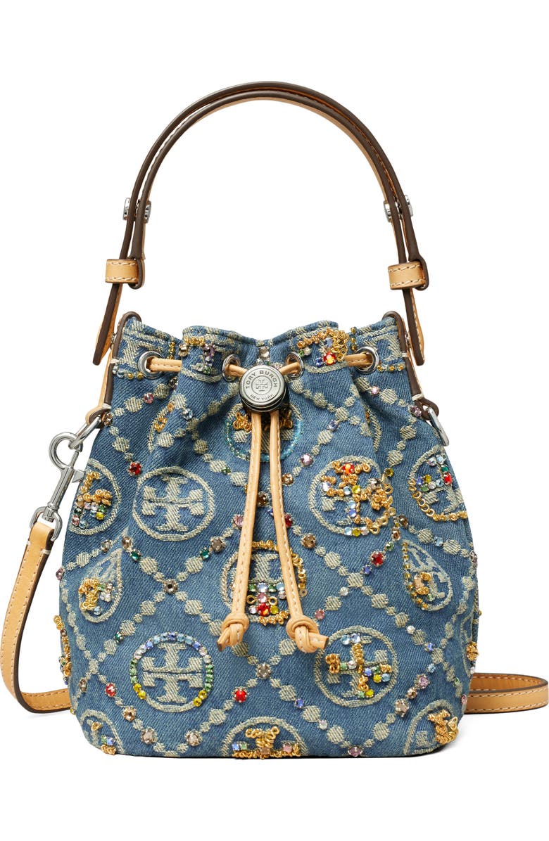 Tory Burch T Monogram Embellished Denim Bucket Bag, Main, color,