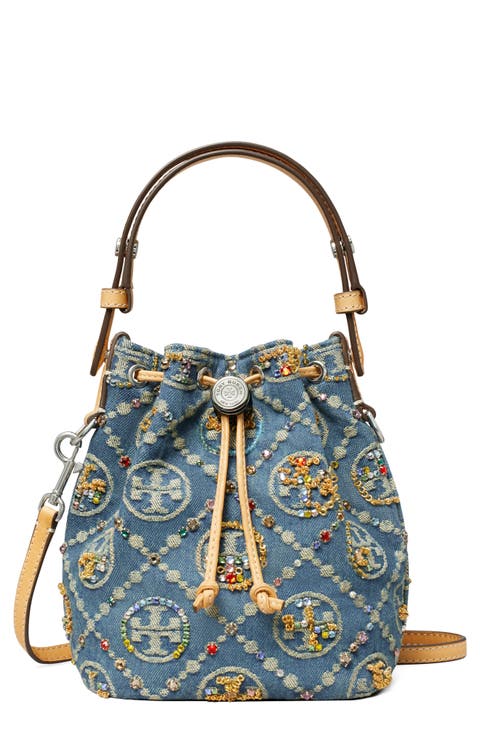 T Monogram Embellished Denim Bucket Bag