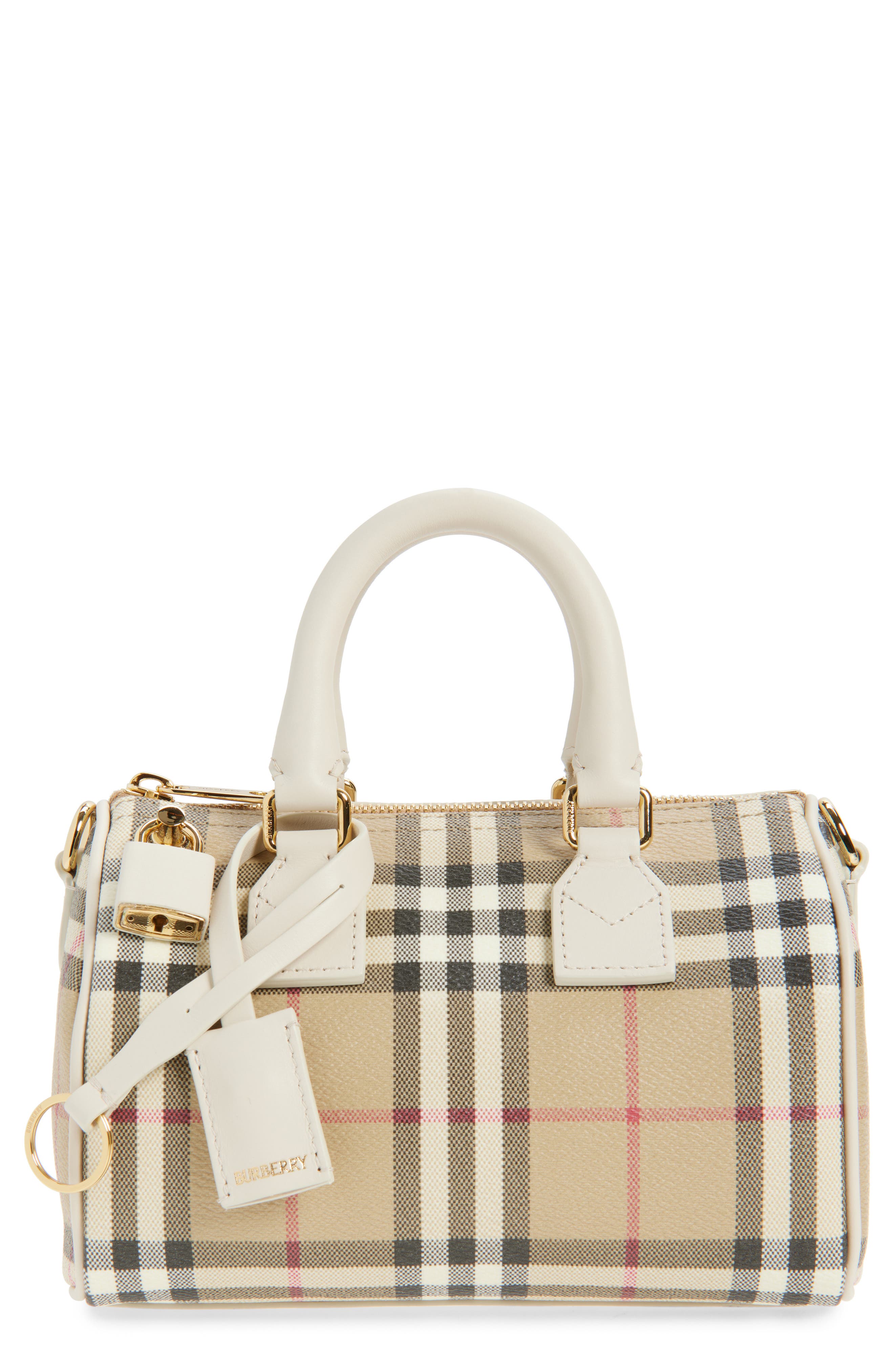 Burberry Mini Leather Bowling Bag, Main, color, Vintage Check/ Soap