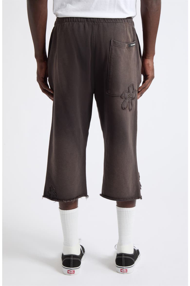 Distressed Studded Patch Raw Hem Long Sweat Shorts, Alternate, color, AGED BLACK TERRY