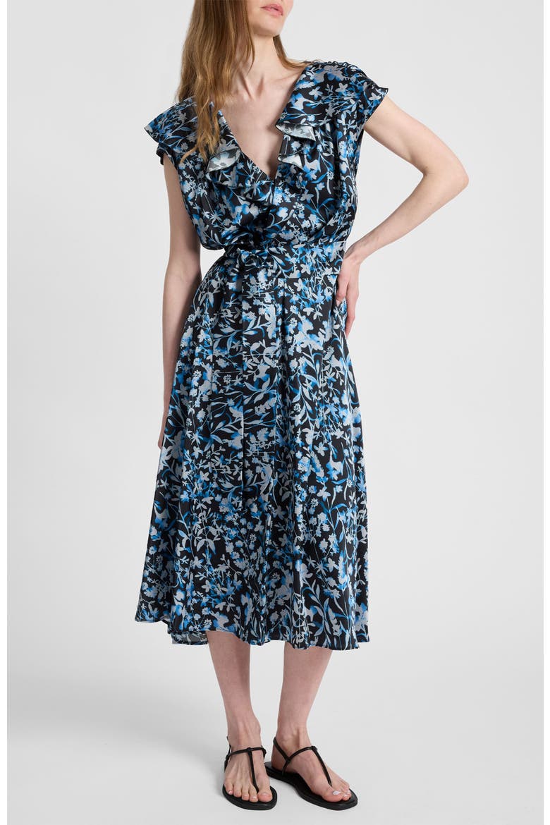 Mandy Faux-Wrap Cap Sleeve Midi Floral Dress, Alternate, color, MIDNIGHT