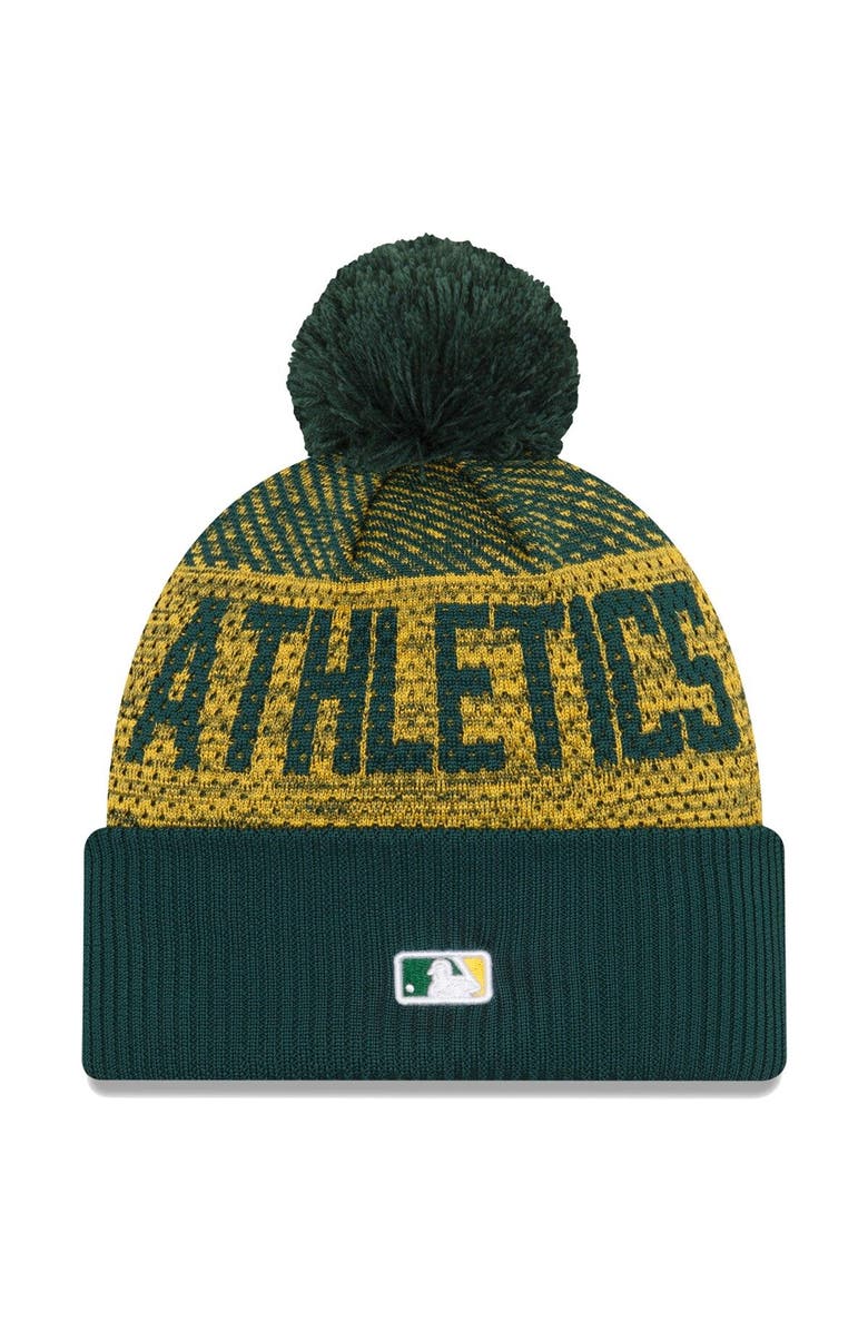 New Era Men's New Era Green Oakland Athletics Authentic Collection Sport Cuffed Knit Hat with Pom, Alternate, color, Green