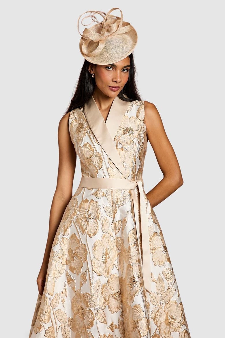 Sleeveless Tux Jacquard Midi Dress, Alternate, color, Champagne