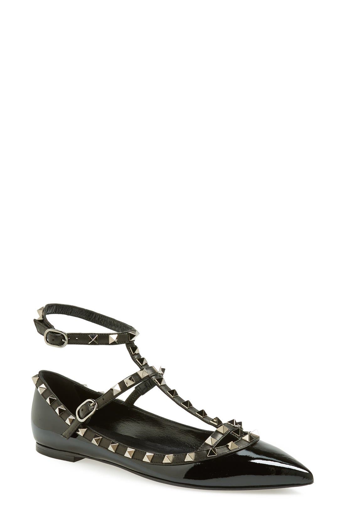 'Noir Rockstud' Double Ankle Strap Patent Leather Pointy Toe Flat, Main, color, BLACK