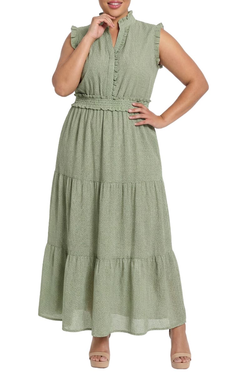 London Times Ruffle Trim Tiered Maxi Dress, Main, color, Olive/ Ivory